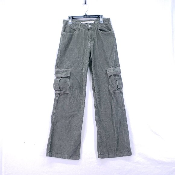 Tinseltown Pants Womens Size 1 Green Corduroy Baggy Wide Leg Cargo 100% Cotton - Picture 1 of 16